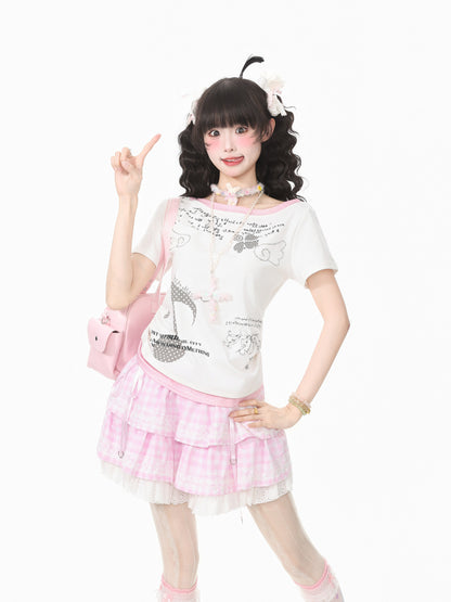 Languid Park - Rhinestone Layered Tee shirt Languid Park White S