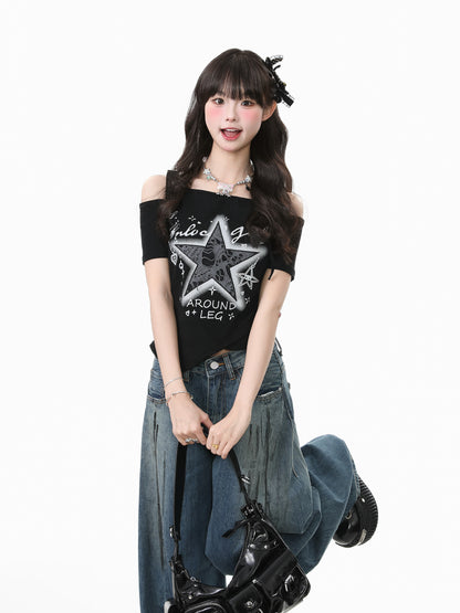 Languid Park - Star Off Shoulder Crop Tee tshirt Languid Park