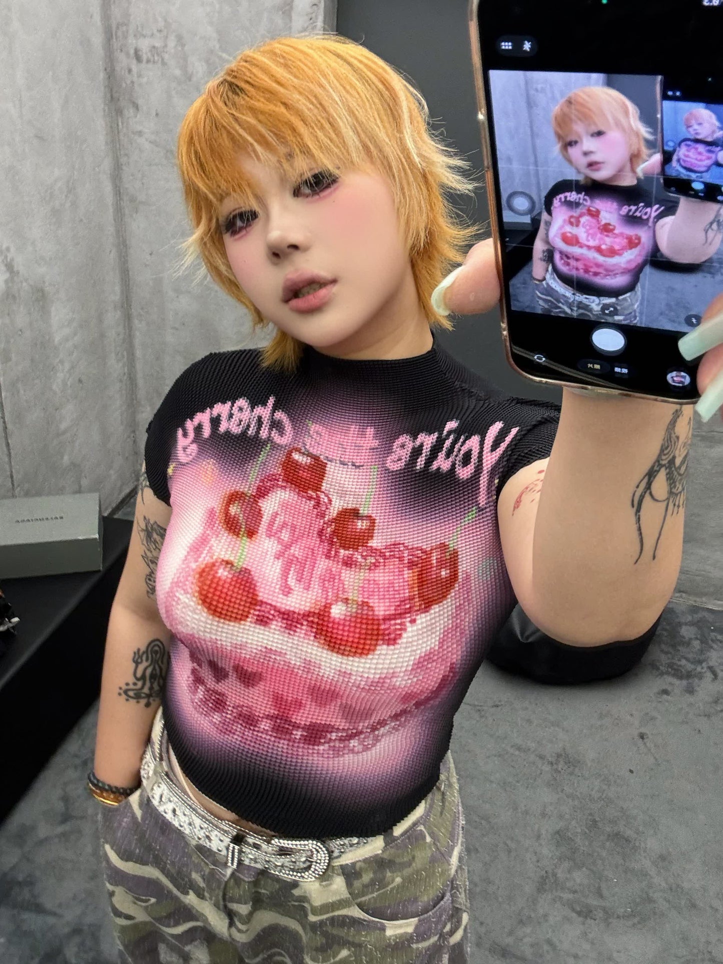 3ANKYUU - Plus Size Cherry Cake Printed Ruched Tee 3ANKYUU
