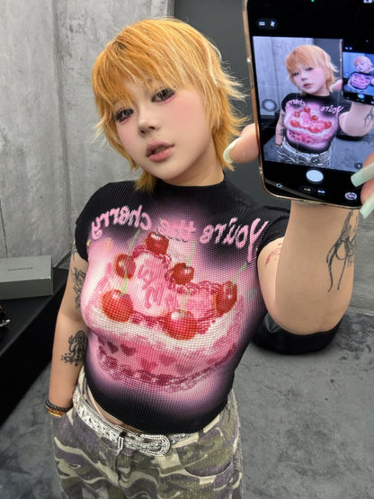 3ANKYUU - Plus Size Cherry Cake Printed Ruched Tee 3ANKYUU