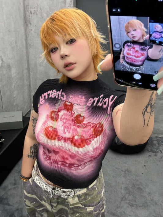 3ANKYUU - Plus Size Cherry Cake Printed Ruched Tee 3ANKYUU