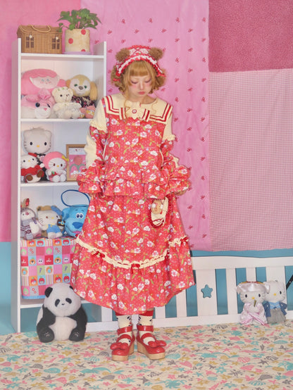 LULULULU - Kawaii Dessert Time Red Apple Print Blouse & Skirt Set set LULULULU