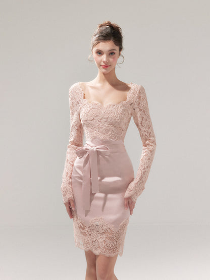 YZZI HE - “Tulip Pink Mist” Satin Lace Bodycon Dress dress YZZI HE