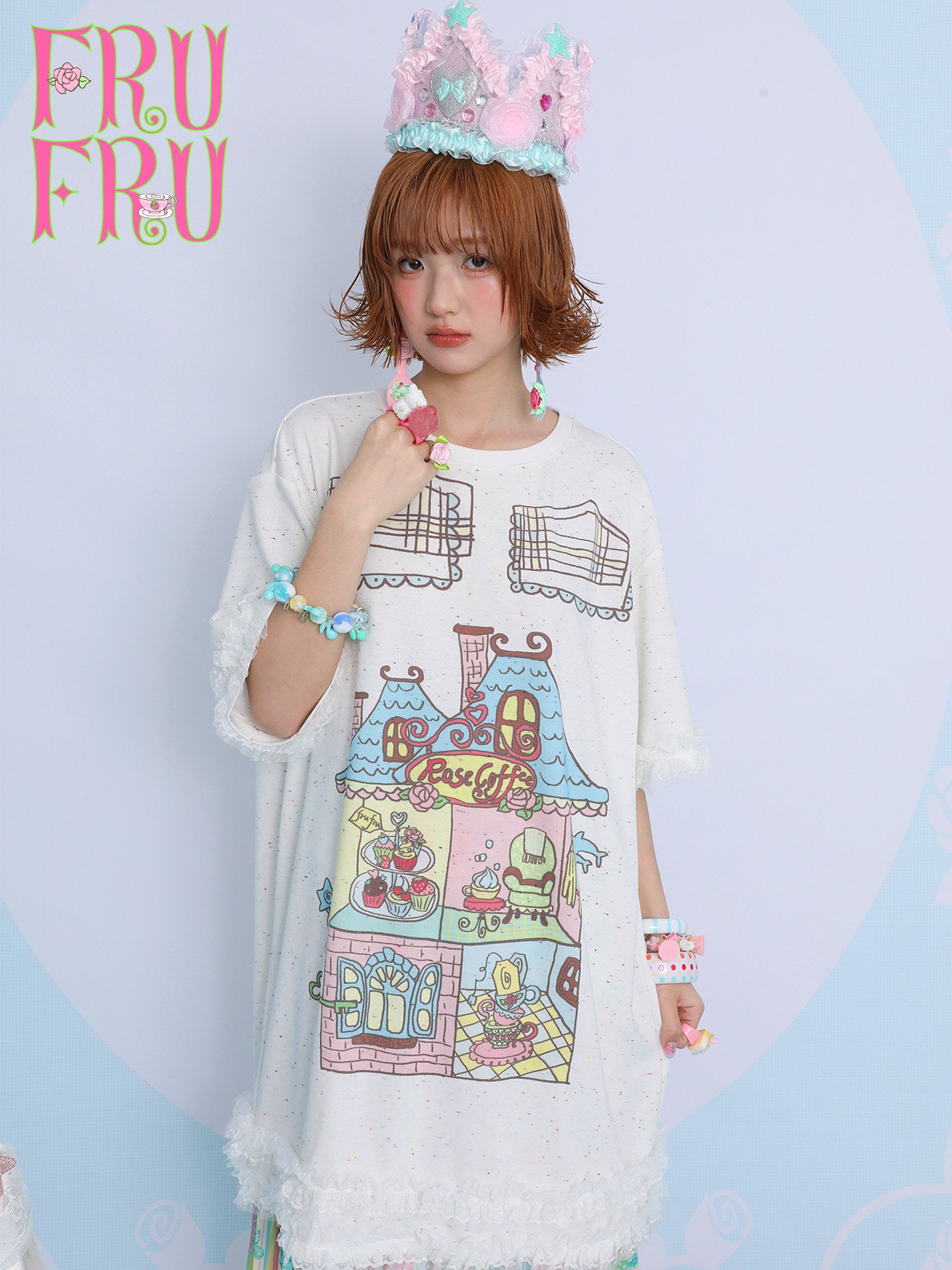 frufru - Rose Cafe Print Oversized T-Shirt Dress dress frufru