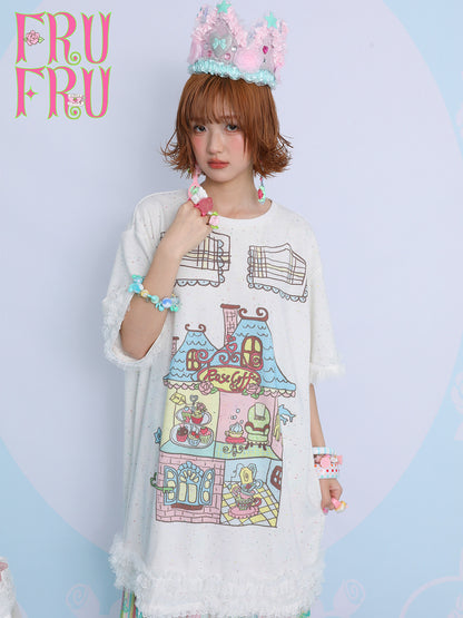frufru - Rose Cafe Print Oversized T-Shirt Dress dress frufru