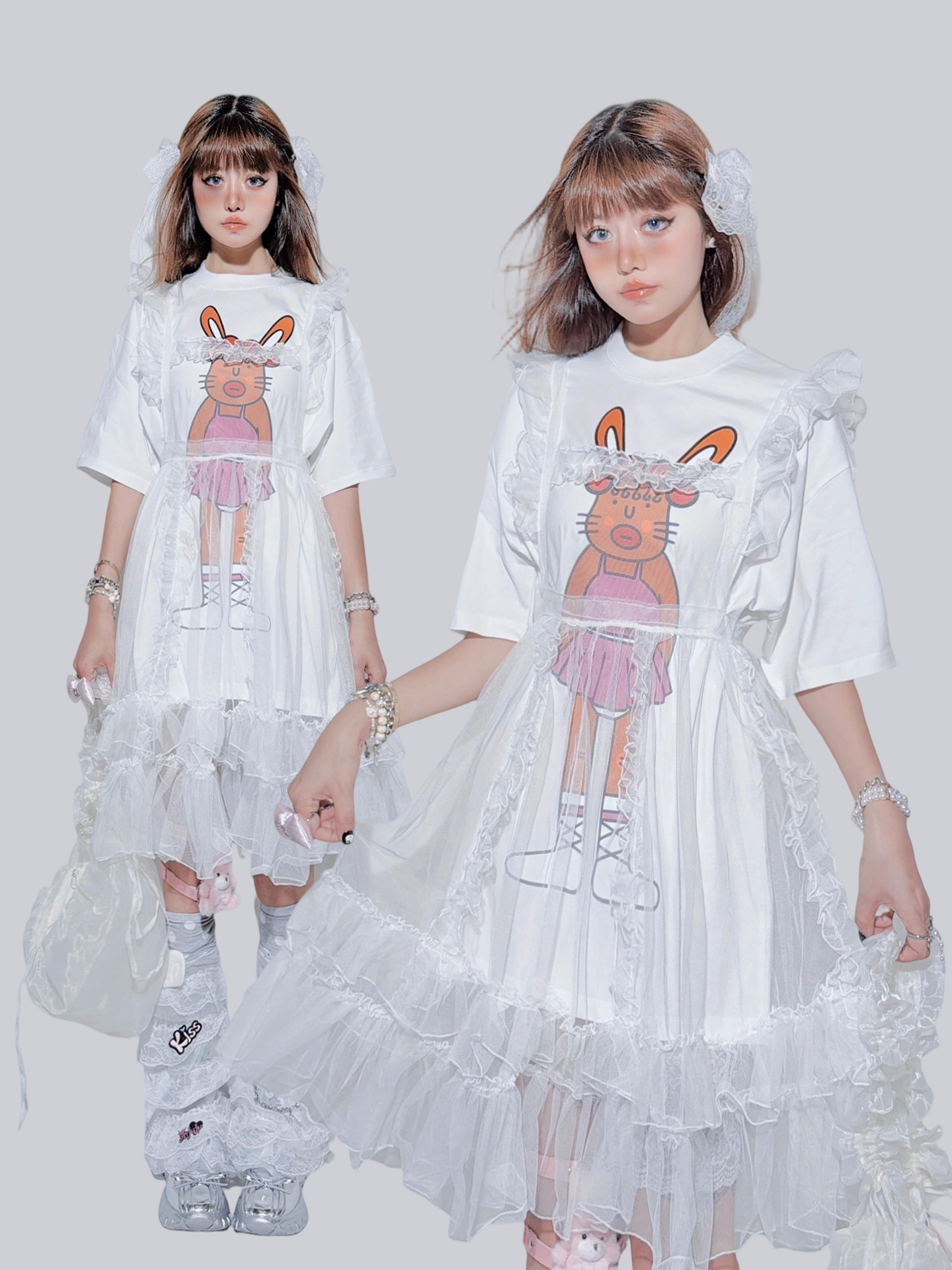 FANLOVEGIRL - Bunny Graphic Layered T-Shirt | Kawaii Harajuku Mesh Overlay Top set FANLOVEGIRL