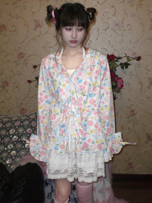 HIBABAO 原创自制可爱花朵木耳边绑带开衫 花朵衬衣 shirt HIBABAO