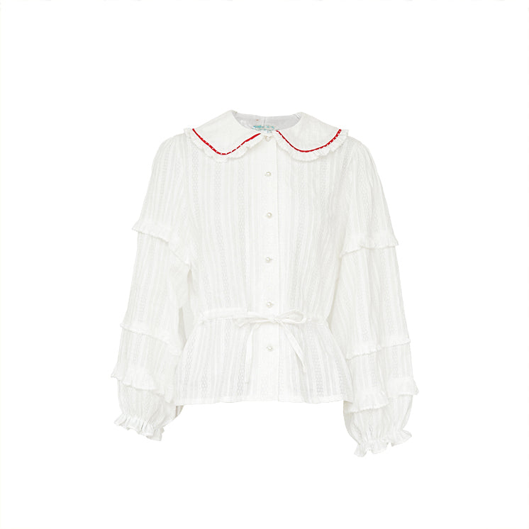 Little Berry - Lace Texture Embroidered White Blouse shirt Little Berry S