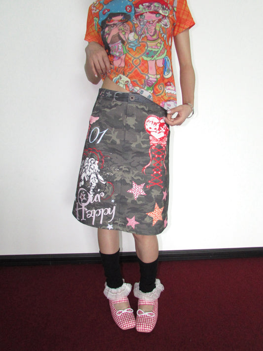OurHappy - Y2K Graffiti Camo A-Line Midi Skirt