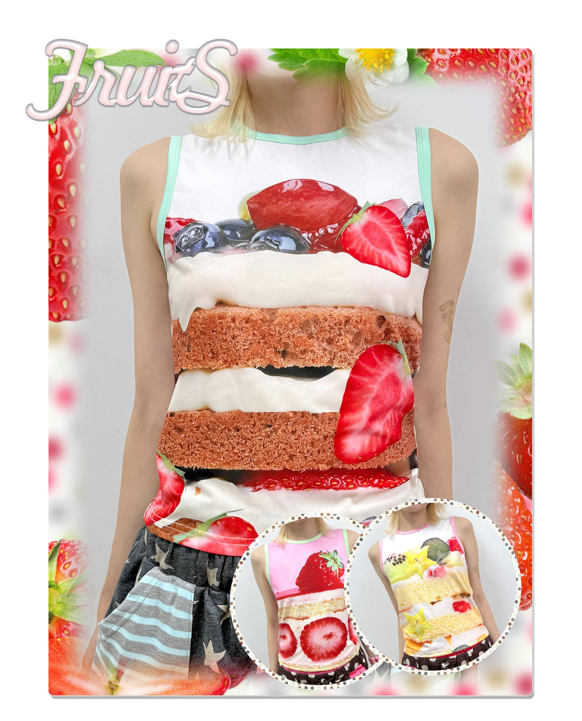 FRUITS - Strawberry Cake Print Tank Top camisole Fruits