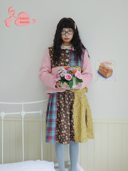 Harajuku style pink woolen padded short blazer jacket with floral design