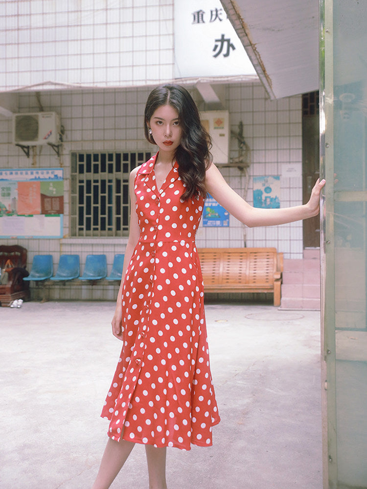 Nanjun Vintage - Red Polka Dot Chiffon Maxi Dress dress Nanjun Vintage