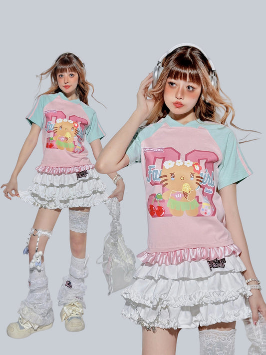 FANLOVEGIRL - Pink Sporty Lace Trim T-Shirt tshirt FANLOVEGIRL