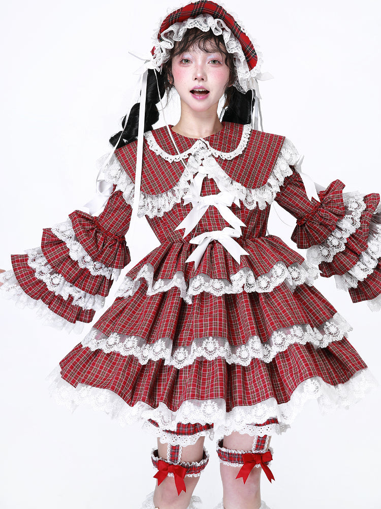 SOS MEME CLUB - Showa Red Plaid Short Sleeve Dress dress SOS MEME CLUB