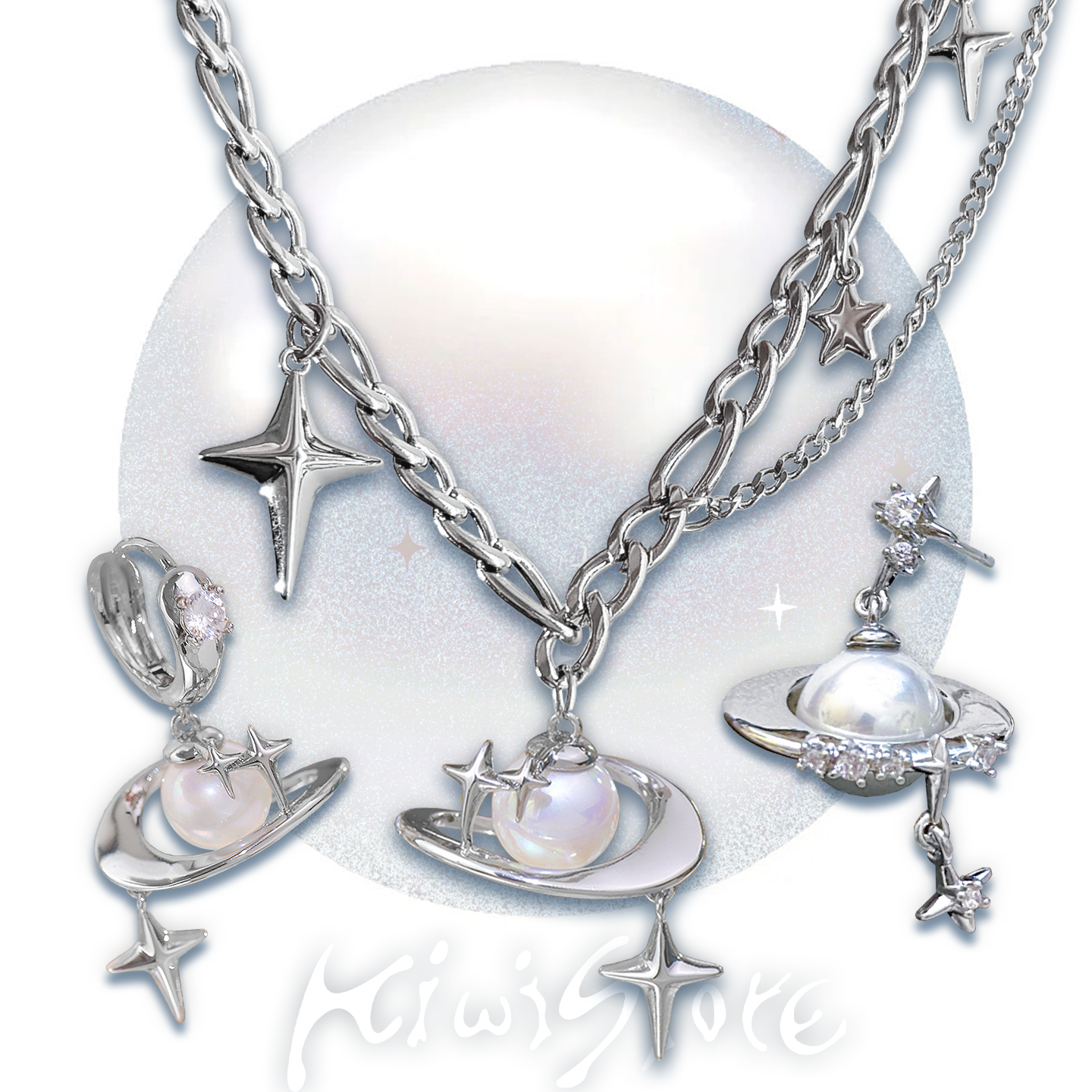 Kiwi Store - Y2K Saturn Orbit Necklace (Star Trail Pendant) necklace kiwi store