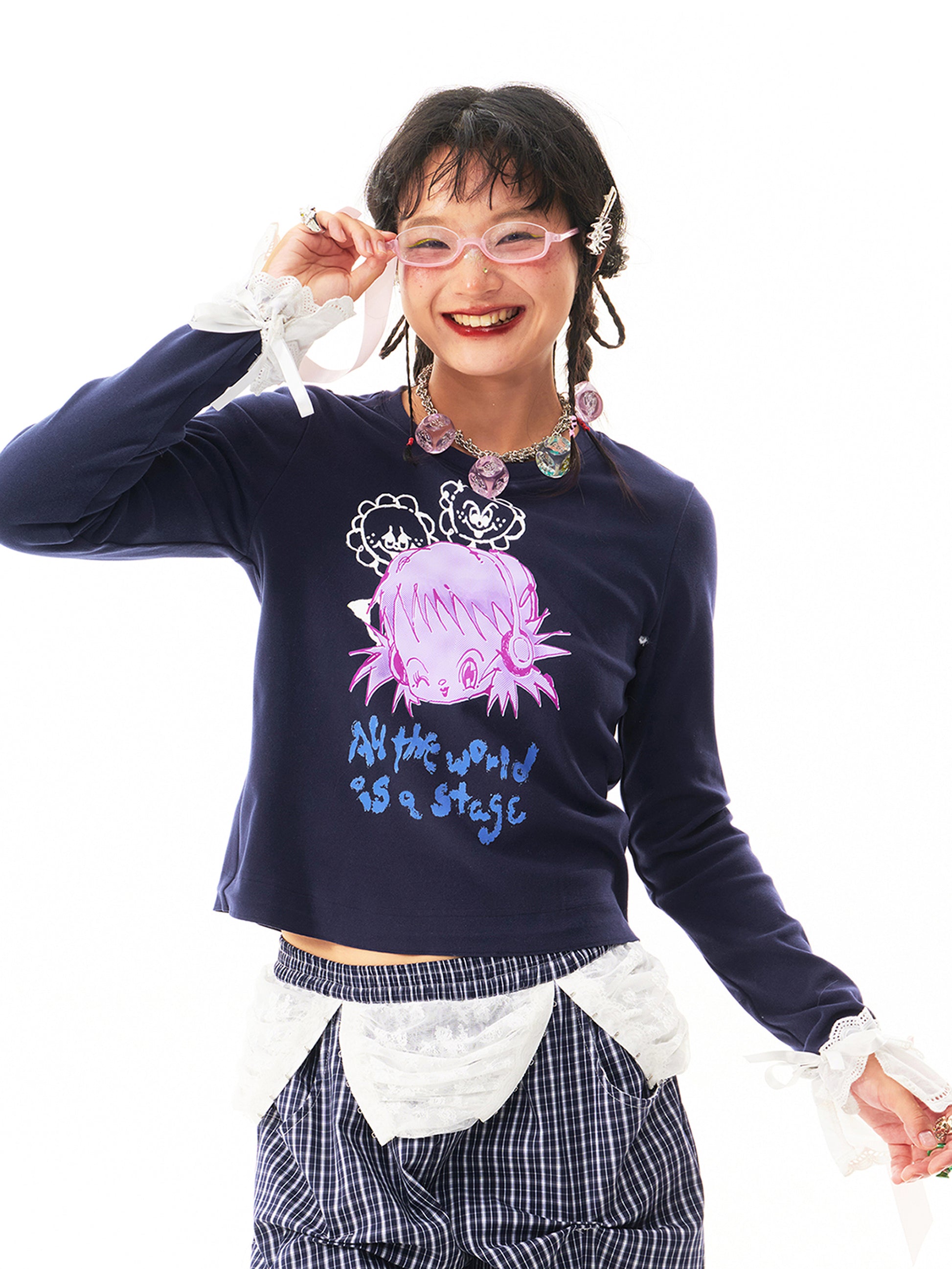 sillysis - Navy Girl Print Top shirt sillysis