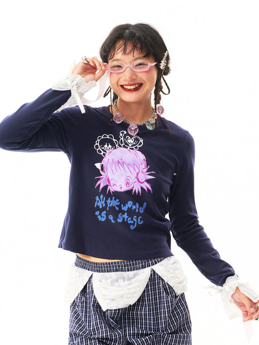 sillysis - Navy Girl Print Top shirt sillysis