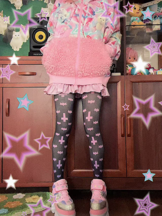 NIHON KIDS - Gothic Bat Cross Tights Black Pink tights NIHON KIDS