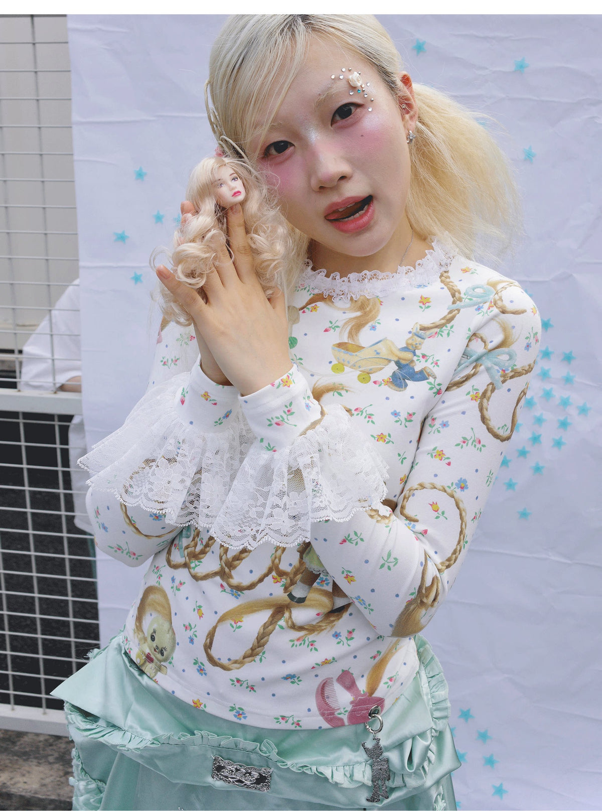 sillysis - Golden-Haired Girl Floral Ruffle Top shirt sillysis