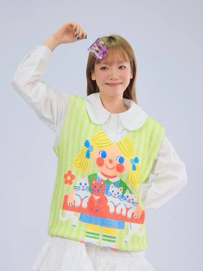 MeowMeow Bug - Kidcore Cat Girl Knit Vest Soft Fuzzy Sleeveless Top