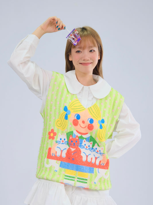 MeowMeow Bug - Kidcore Cat Girl Knit Vest Soft Fuzzy Sleeveless Top