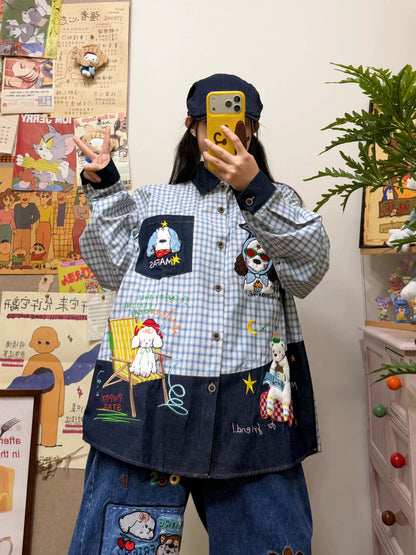 BIBULU - Kawaii Dog Embroidered Plaid Shirt shirt BIBULU