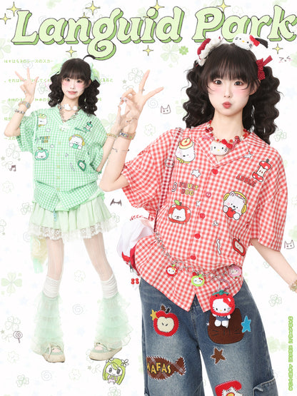 Languid Park - Plaid Embroidered Oversized Short Sleeve Shirt shirt Languid Park