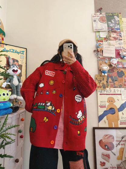 BIBULU - Retro Red Embroidered Sweater cardigan BIBULU