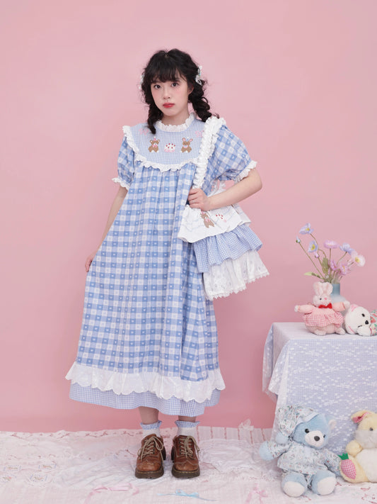 SemenCoicis Vintage Puff Sleeve Dress | Kawaii Embroidered Jacquard Check Dress dress SemenCoicis