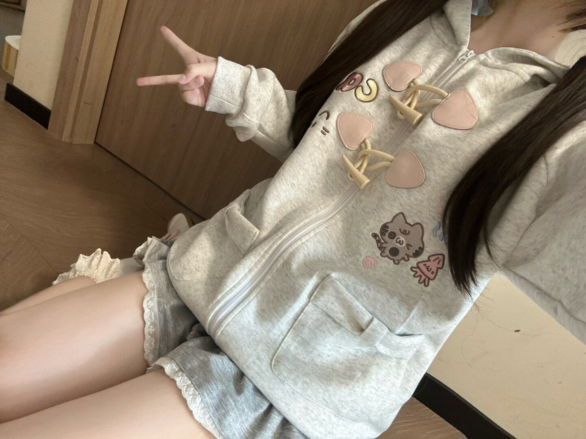 Blurred Bear - Cat Embroidered Hoodie & Mini Skirt Set hoodie Blurred Bear