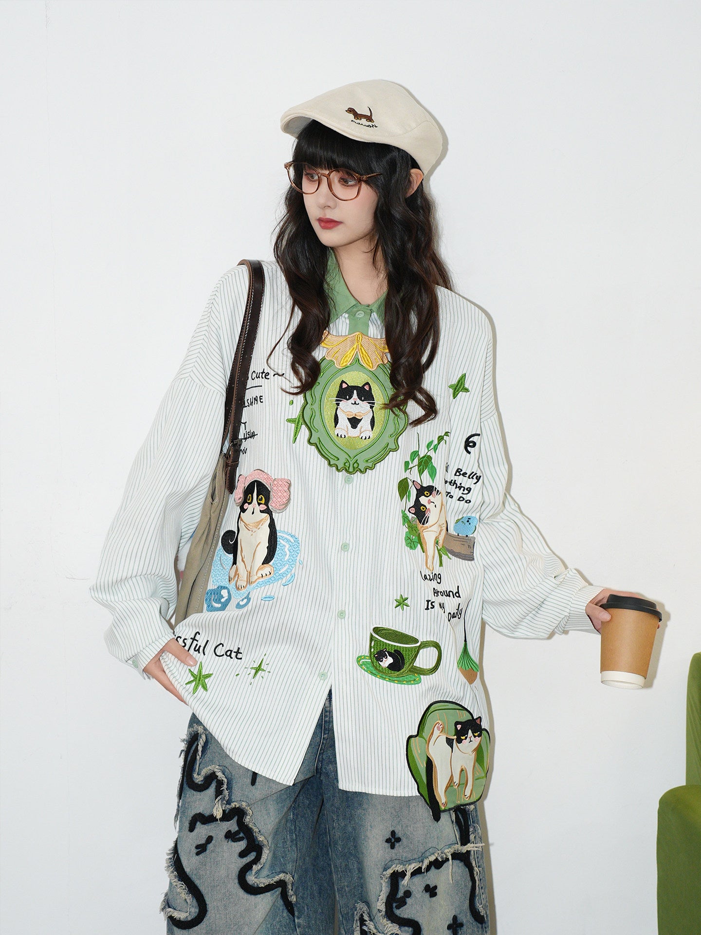 Cartoon Cat Tie Embroidered Striped Shirt shirt soldout M