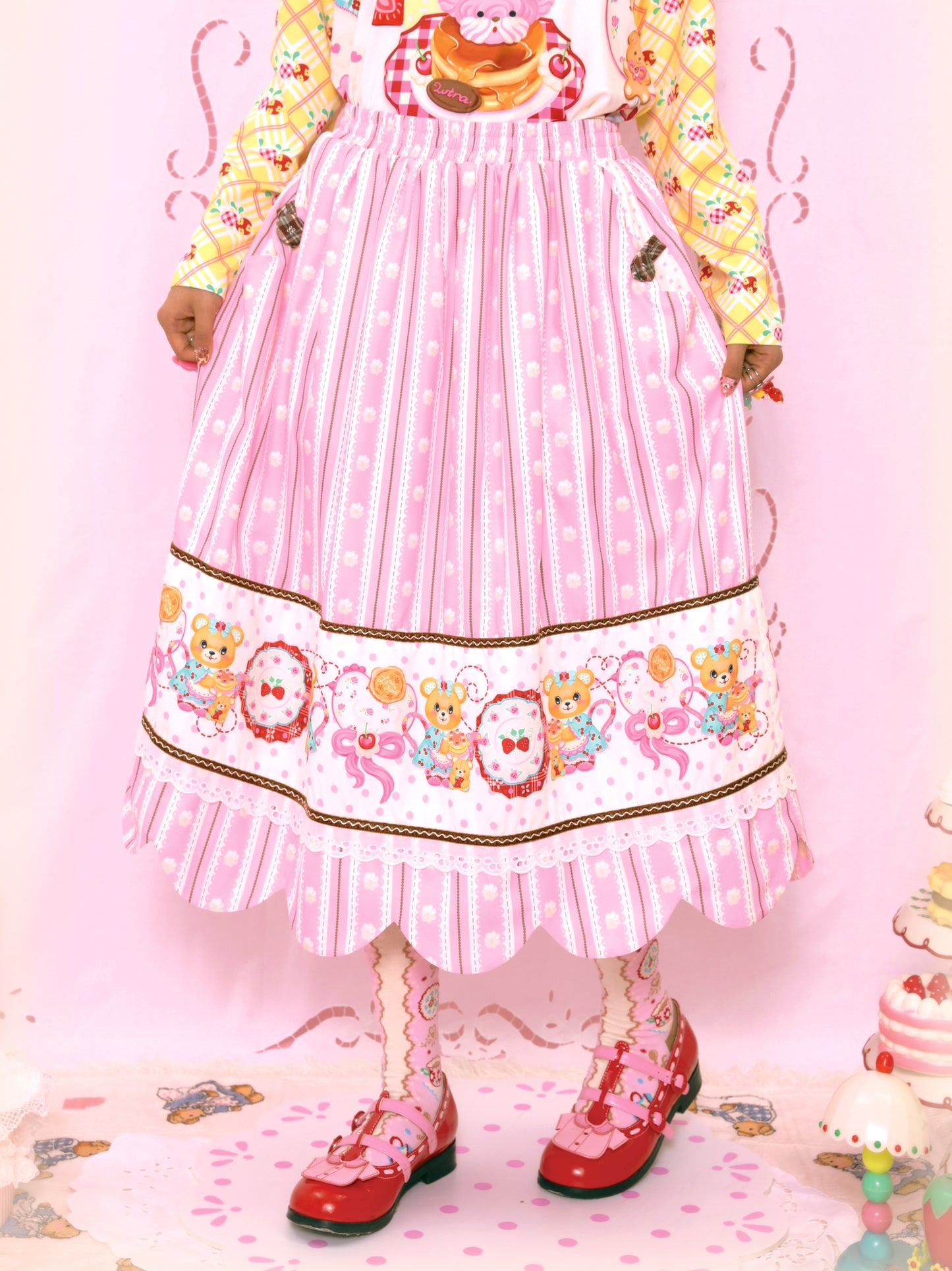 Lutra Jump - Kawaii Striped Cream Skirt Elastic Waist Long skirt Lutra Jump