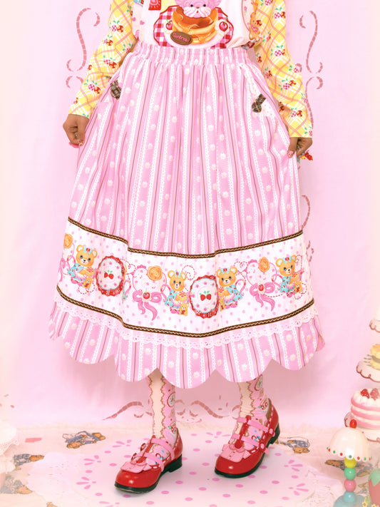 Lutra Jump - Kawaii Striped Cream Skirt Elastic Waist Long skirt Lutra Jump