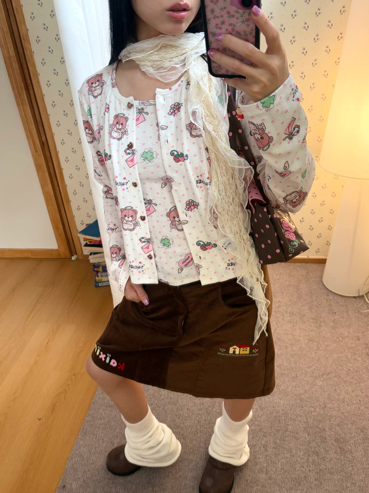 KaiXin hostel - Bear Heart Print Camisole & Cardigan Set shirt KaiXin hostel