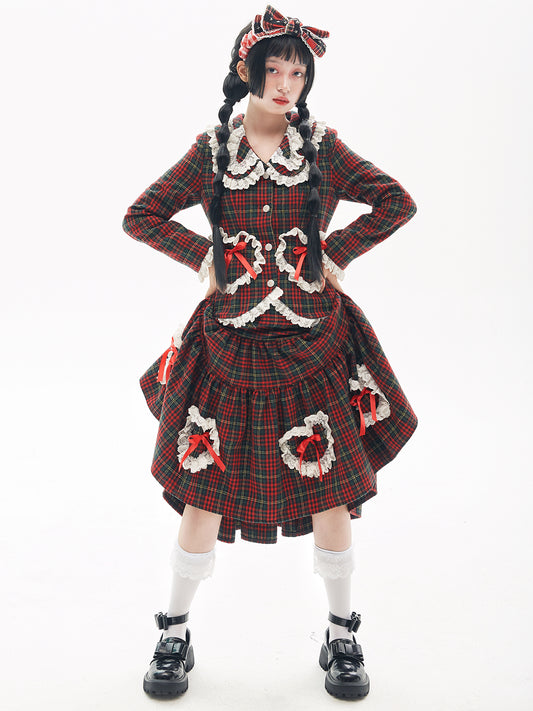 SOS MEME CLUB - Showa Retro Christmas Red Lace Trim Skirt skirt SOS MEME CLUB