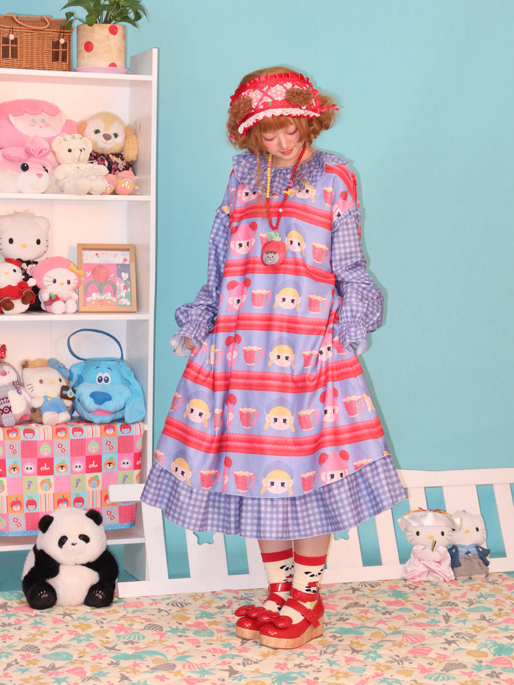 LULULULU - Retro Doll Head Print Loose Dress with Ruffled Collar dress LULULULU