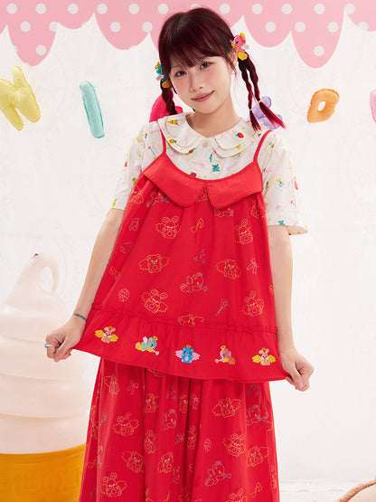 NIKKOU Adjustable Cotton Tank | Kawaii Embroidered Red Camisole Top camisole Nikkou home