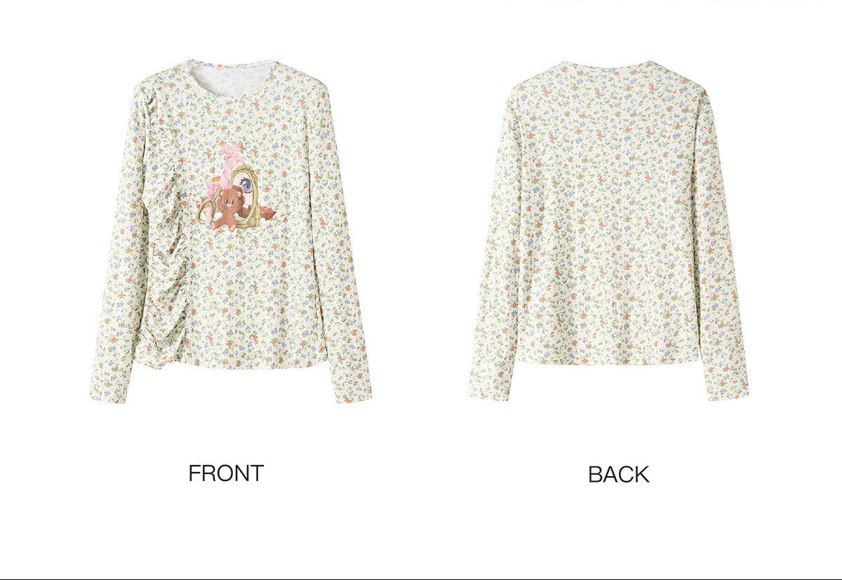 tntntutu - Beige Teddy Floral Ruched Long Sleeve Top shirt tntntutu S