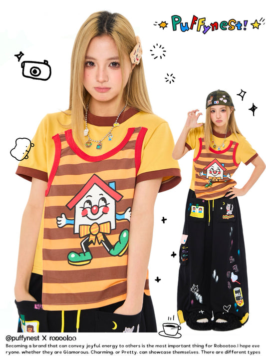 Robootoo - Brown Yellow Faux Layered Print T-Shirt tshirt Robootoo