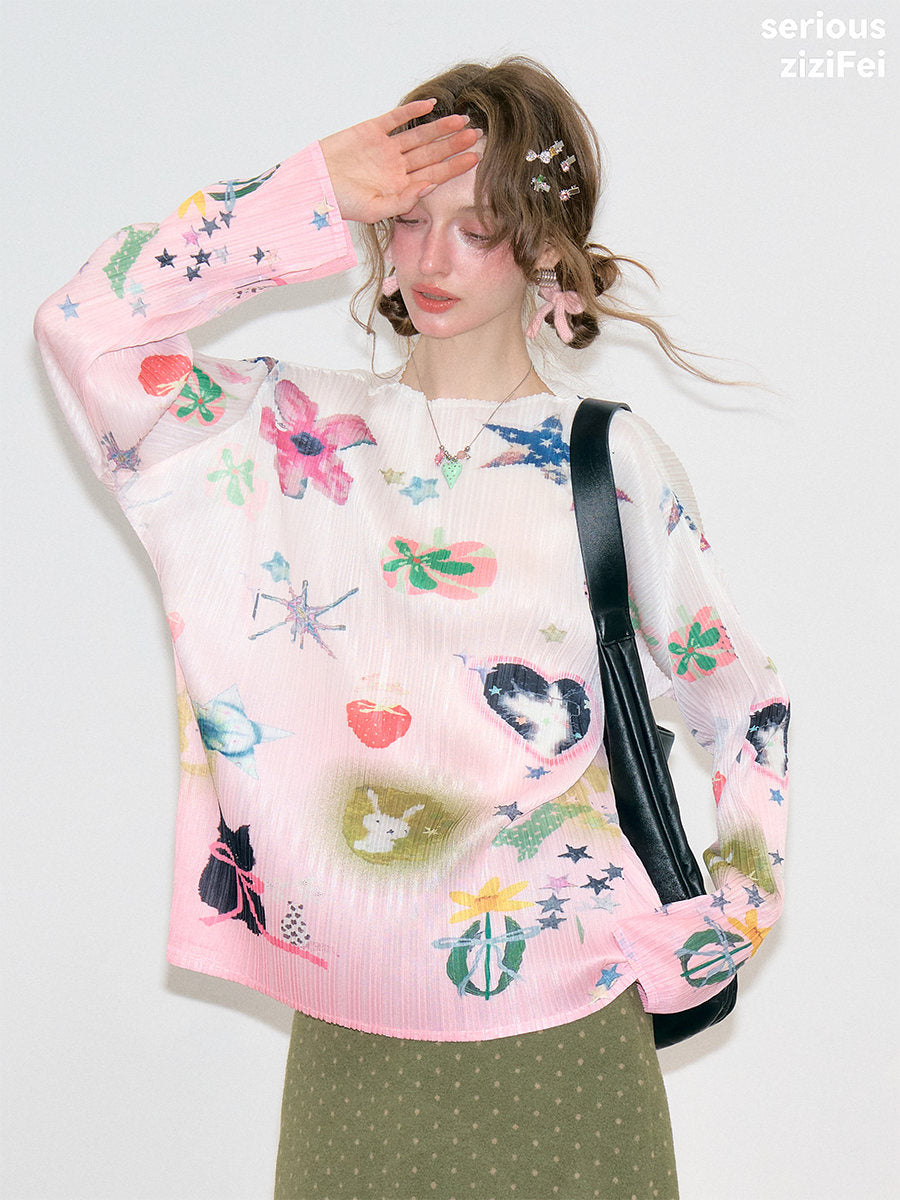 ziziFei - Pink Y2K Graphic Pleated Long Sleeve Top shirt ziziFei