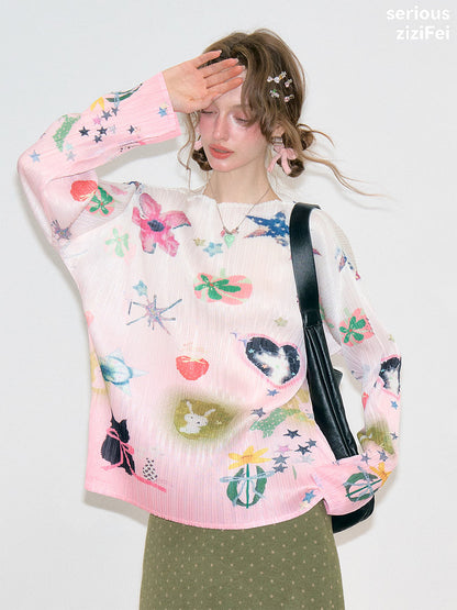 ziziFei - Pink Y2K Graphic Pleated Long Sleeve Top shirt ziziFei