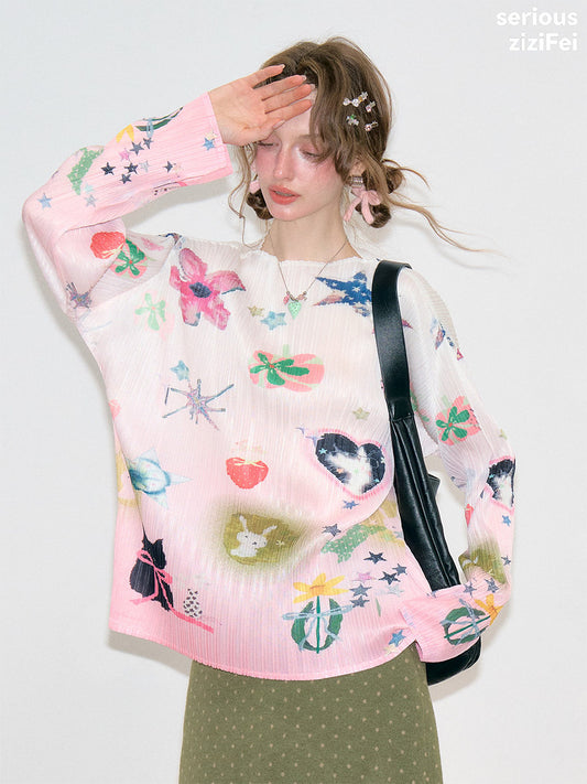 ziziFei - Pink Y2K Graphic Pleated Long Sleeve Top shirt ziziFei