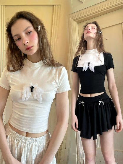 Harajuku T-shirt Black White Patchwork T-shirt Feather Cross Short Sleeve T-shirt tshirt daytoday everyday institute