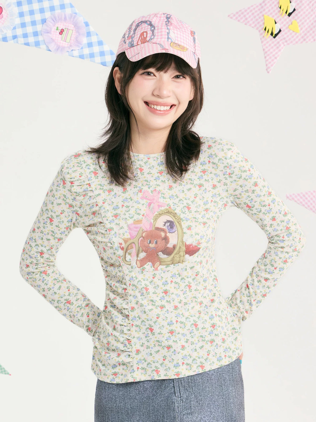 tntntutu - Beige Teddy Floral Ruched Long Sleeve Top shirt tntntutu