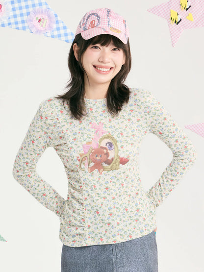 tntntutu - Beige Teddy Floral Ruched Long Sleeve Top shirt tntntutu