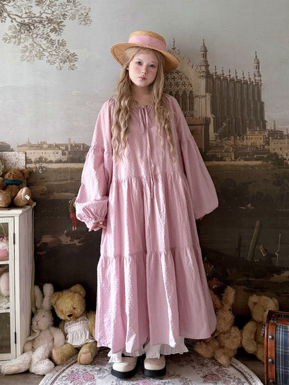 Labeau - Kawaii Polka Dot Tie Waist Puff Sleeve Midi Dress