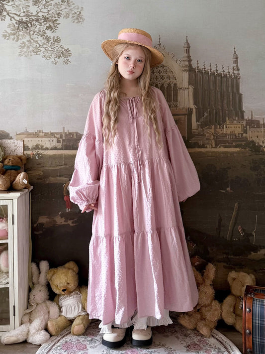 Labeau - Kawaii Polka Dot Tie Waist Puff Sleeve Midi Dress