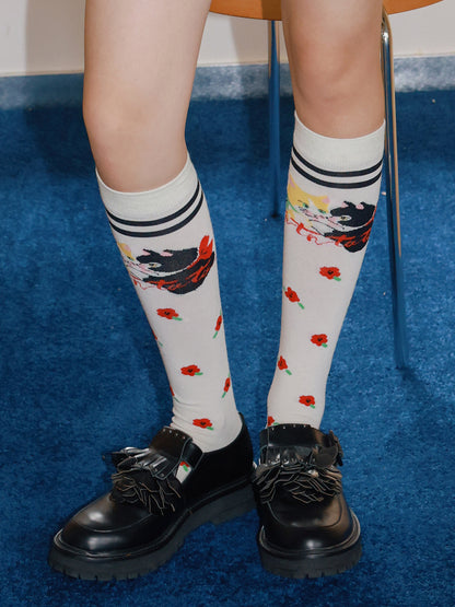 Tntntutu - Kidcore White Kitten & Floral Calf Socks sock tntntutu