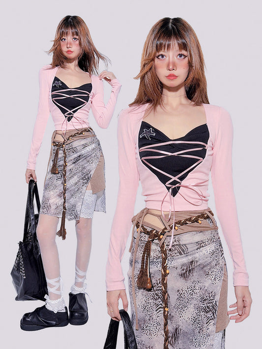 FANLOVEGIRL - Black & Pink Faux-Layer Fitted Top shirt FANLOVEGIRL