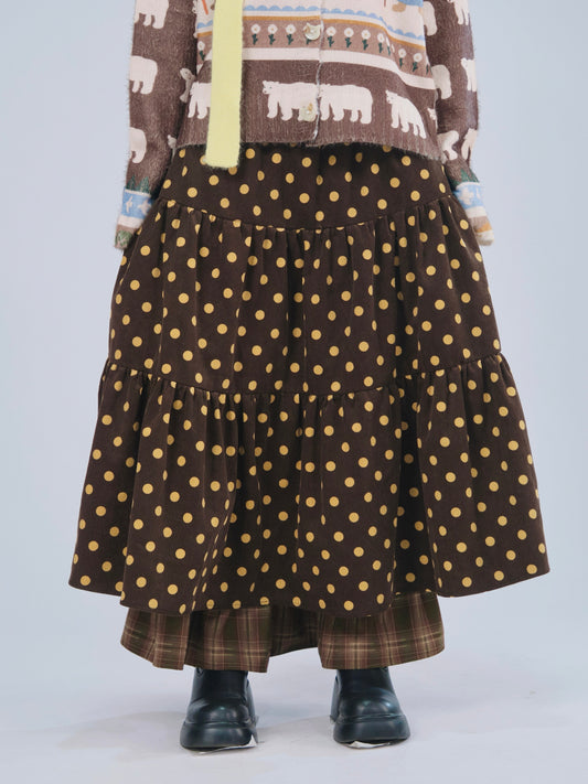 MeowMeow Bug - Vintage Polka Dot Corduroy Layered A-Line Skirt
